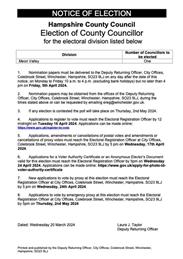 Notice of Hampshire County by election Meon Valley division